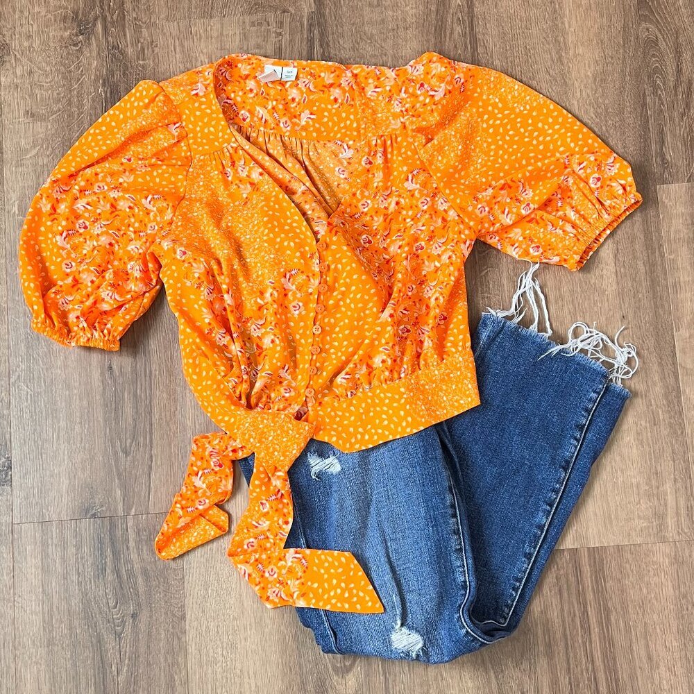 Joie Orange Floral Print Elbow Length Puff Sleeved Crop Top Sz S